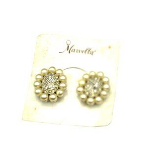 NOS Marvella Pave Crystals Earrings with Pearl Halo, Vintage Clip Ons